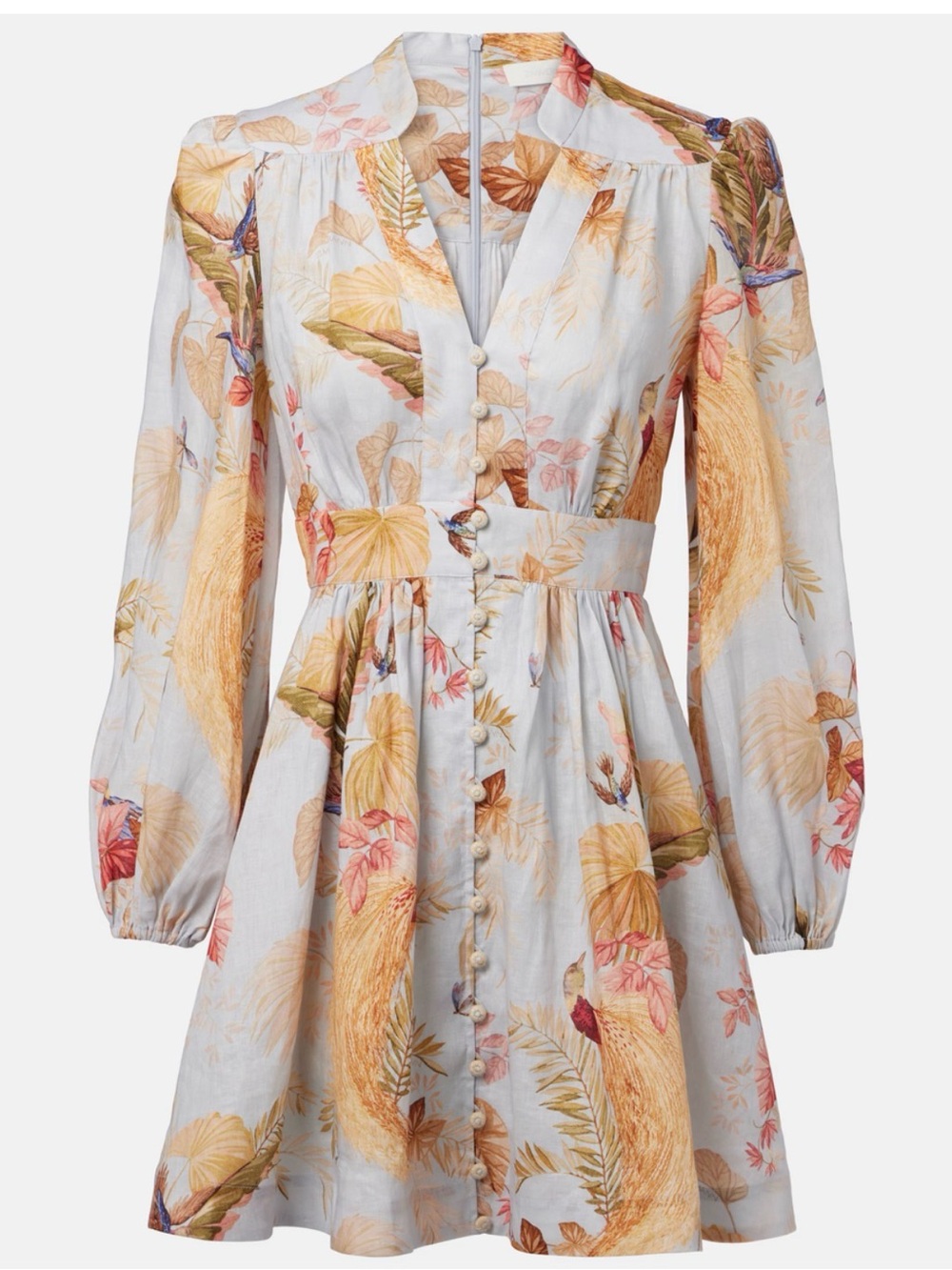 Zimmermann Light Blue Tropical-Print Puff-Sleeve Mini Dress with Yellow Accents - Picture 3 of 7